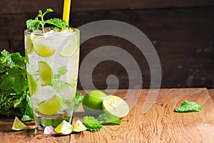 Mojito , lime pieces , leaves of mint with ice and rum