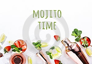 Mojito mocktail or cocktail with lime, mint, strawberry and ice on white background. Cold alcoholic or non-alcoholic long drinks,