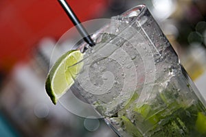 Mojito with soda and lime close up