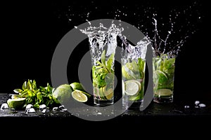 Mojito summer beach refreshing tropical cocktail splash in glass highball alcohol drink with soda water, lime juice