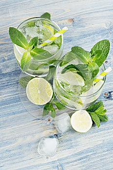 Mojito in two glasses with mint, slices lime, ice cubes, straw on soft blue background, top view, closeup.