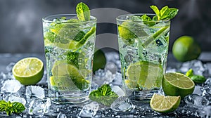 Mojito or virgin mojito long rum drink with fresh mint, lime juice, cane sugar and soda