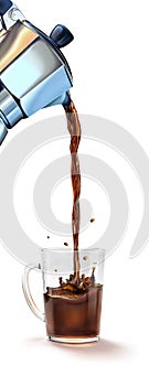 Moka coffee machine pouring coffee into a glass mug splashing. photo