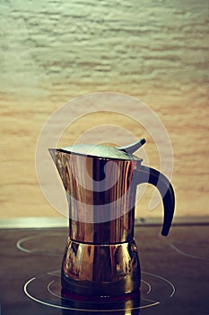 Moka coffee pot. Preparation of fresh good coffee at home