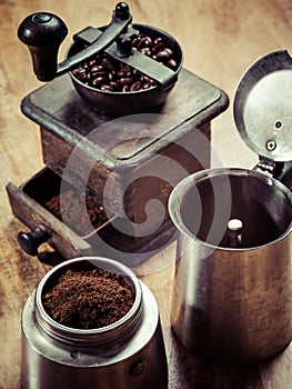 Moka express coffee maker and grinder photo