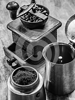 Moka express coffee pot and grinder photo