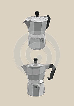 Moka pot , coffee brewing ,sketh vector. photo