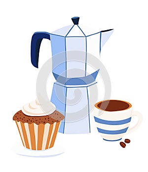 Moka Pot Coffee and Cupcake Vector Illustration in Blue beige palette