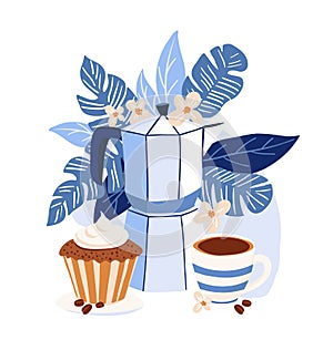 Moka Pot Coffee and Cupcake Vector Illustration in Blue Tones Tropical Theme