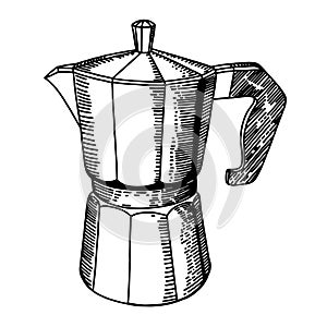 Moka pot coffee maker vector sketch hand drawn, black and white, isolated on a white background
