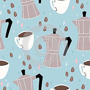 Moka pot seamless pattern. Morning coffee cup backgorund. Coffee beans.
