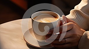 Mokap hands with a cup of coffee, emphasizing the cozyness and functionality of the product