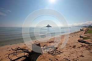 Mokolii island also known as Chinamans Hat as seen from Kualoa Regional Park on the North Shore of Oahu Hawaii USA