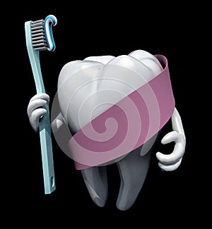 Molar tooth with arms and toothbrush on hand, protected by pink