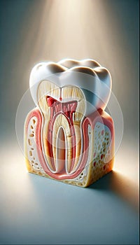 Molar tooth cut in half to reveal its internal structure, AI-generated.