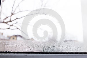 Mold on a foggy plastic window of white color.