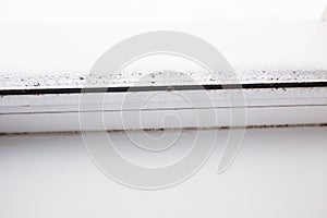 mold on a foggy plastic window of white color.