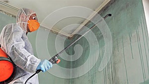 Mold Inspection and Remediation. Toxic black Mold Removal disinfector specialist. Cleaning and disinfecting walls at