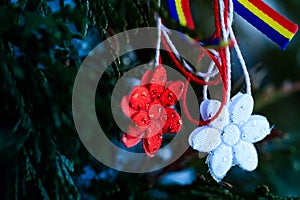 Moldavian and Romanian spring symbol. Martisor on green natural background with tricolor elements. Martisor is a red and white