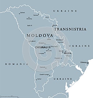 Moldova and breakaway state Transnistria, gray political map