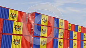 Moldova flag containers are located at the container terminal. Concept for Moldova import and export 3D