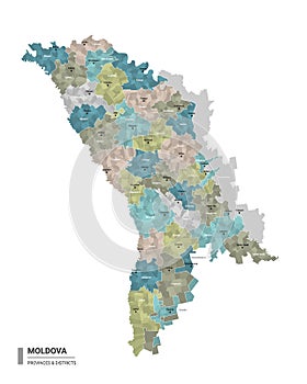 Moldova higt detailed map with subdivisions. Administrative map of Moldova with districts and cities name, colored by states and