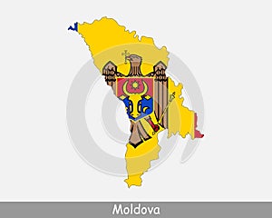 Moldova Map Flag. Map of the Republic of Moldova with the Moldovan national flag isolated on white background. Vector Illustration