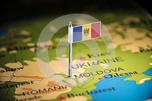 Moldova marked with a flag on the map