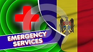 Moldova Realistic Flag with Emergency Services Title Fabric Texture 3D Illustration