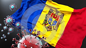 Moldova the Republic of and the covid pandemic - corona virus attacking its national flag to symbolize fight with the virus in