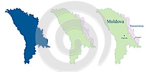 Moldova and Transnistria map. Pridnestrovian Moldavian Republic PMR map. Detailed blue outline and silhouette. Set of vector map photo