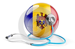 Moldovan flag with stethoscope. Health care in Moldova concept, 3D rendering