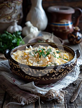 Moldovan mamaliga, cornmeal porridge often served with cottage cheese and sour cream, cooked in a pot. A traditional and photo