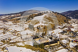 Moldovita Monastery, above view in a sunny winter day