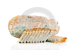 Moldy bread isolated on white background rotten food