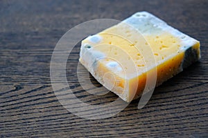 Moldy cheese on wood, spoiled product