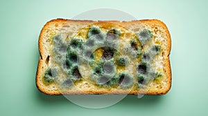 Moldy Slice of Bread on a Light Green Background