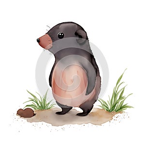 Mole (Animal) in cartoon style. Cute Little Cartoon mole isolated on white background. Watercolor drawing,