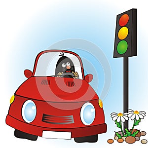 Mole at car, vector illustration for children