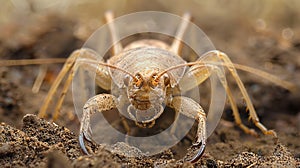 Mole cricket emerging from soil. Natural behavior of Gryllotalpa gryllotalpa captured. Concept of soil insects