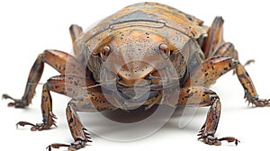 Mole cricket on a white backdrop. Detailed European Gryllotalpa. Concept of entomology, soil ecosystem, and biological