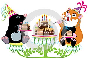 Mole and hamster eating birthday cake