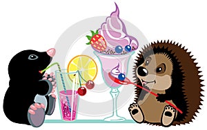 Mole and hedgehog eating desserts