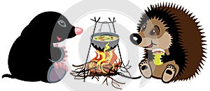 Mole and hedgehog near campfire