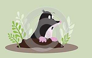 Mole looks  in surprise. Cartoon humor
