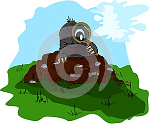 Mole with a magnifying glass on molehill