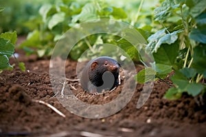 mole on molehill in the garden near the plants