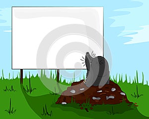 Mole on molehill looking at a billboard.