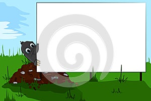 Mole on molehill looking at a billboard.