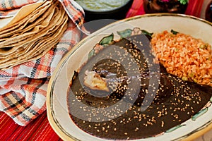 Mole Poblano Traditional Mexican Food with Chicken in Mexico photo